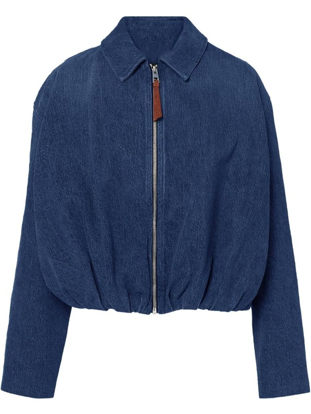 Women's Navy Polyester Lapel Collared Long Sleeve Side Pocket Zip Up Jean Jacket